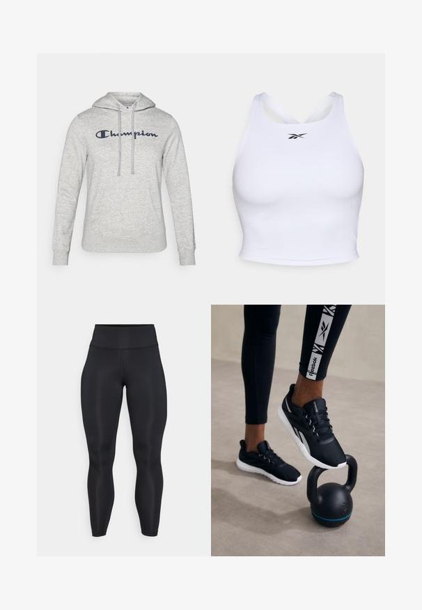 Grey hoodie with a drawstring hood, front pocket, and embroidered "Champion" logo in navy blue across the chest. Soft fabric texture.; White athletic crop top made from smooth, stretchy fabric. Features a crisscross back design and a small black logo on the front.; Black high-waist full-length leggings with smooth fabric and visible seam details on the front and waistband.; Black athletic shoes with a textured upper, white sole, and gray accents, positioned on a black kettlebell with a blue stripe, against a neutral background.