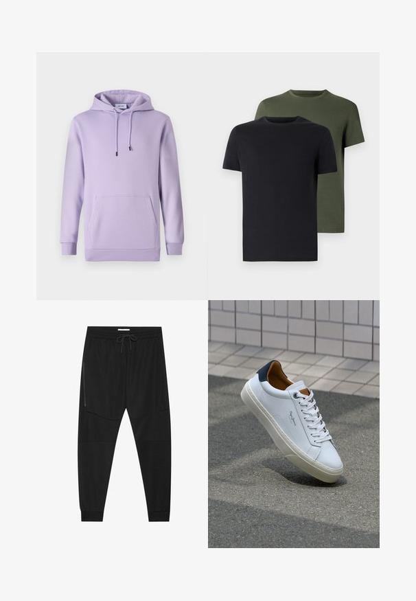 Paarse hoodie van zacht materiaal, met een voorzak, verstelbare trekkoorden en ribgebreide manchetten en zoom.; Twee crew-neck t-shirts in zwart en olijfgroen, gemaakt van zachte katoen. Het ontwerp is eenvoudig met korte mouwen en een rechte snit.; Zwarte sportbroeken van textuurstof, met een verstelbare tailleband, een ritssluiting opzij en tapered boorden.; Witte leren sneaker met een marineblauwe hiel, ronde neus en contrasterende bruin accent. Beschikt over platte veters en een gestructureerde rubberen zool.