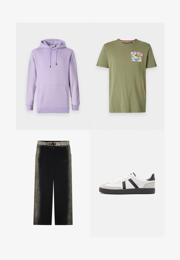 Felpa viola in tessuto morbido, con tasca frontale, coulisse regolabile e polsini e orlo a coste.; T-shirt in cotone verde oliva con stampa di una ciotola di cibo in rosa, blu e verde, dotata di colletto rotondo e maniche corte.; YOURTURN UNISEX - Pantaloni sportivi - black; Sneaker bianco con accenti neri e grigi, dotata di una punta grigia testurizzata, suola in gomma nera e lacci bianchi piatti. Design pulito, stile minimalista.