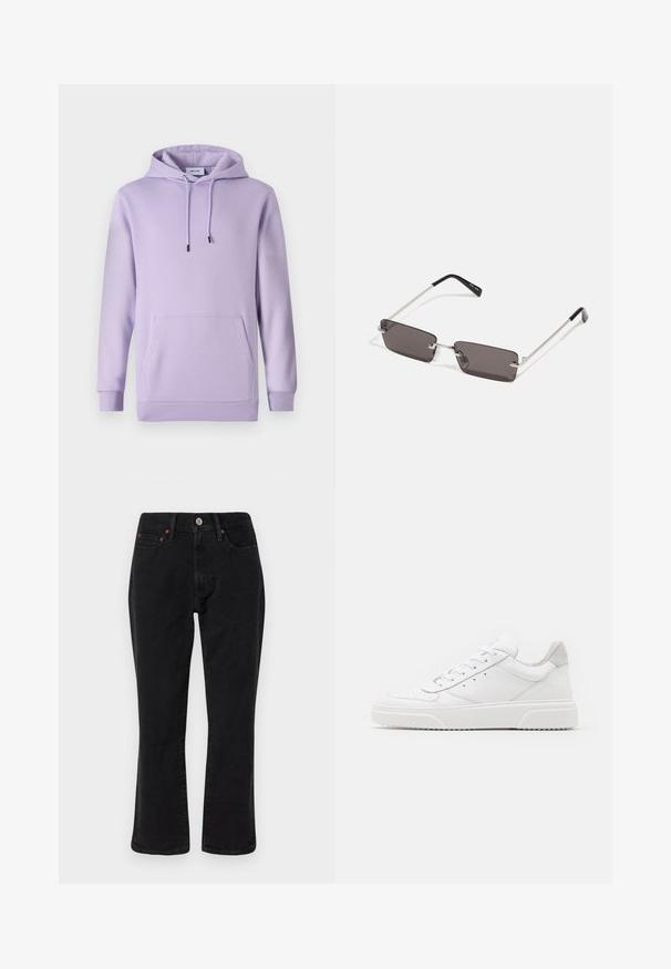 Fialová mikina z mäkkého materiálu, ktorá má predné vrecko, nastaviteľné šnúrky a rebrované manžety a lem.; Čierne denimové džínsy s pravým strihom, päť vrecúškovým štýlom a kovovými detailmi s medenými akcentmi. Hladká textúra a stredný pas.; Biele kožené tenisky s hladkým povrchom, zaoblenou špičkou, plochými šnúrkami a textúrovanou podrážkou. Sivý semišový akcent na päte.; Slnečné okuliare s obdĺžnikovými, tmavosivými sklami, striebornými kovovými rámami a čiernymi plastovými koncami na rúčkach. Ľahký dizajn s nosovými podložkami.