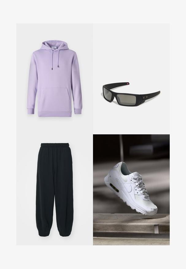 Lila kapucnis póló, puha anyagból, elülső zsebbel, állítható zsinórral és bordázott mandzsettákkal és aljjal.; Fekete, rugalmas derékpántos melegítőnadrág, laza fit, véget érő szárakkal, sima textúrával, látható minták vagy hardver díszek nélkül.; Fehér Nike Air Max 90 sneaker, amely hálós és bőr felsőrésszel, perforált orr-résszel és látható légpárnás egységgel rendelkezik a saroknál.; Fekete napszemüveg matt felülettel, téglalap alakú lencsékkel, enyhe ívvel a templomokon, diszkrét logó részlettel és füstszínű lencsékkel.