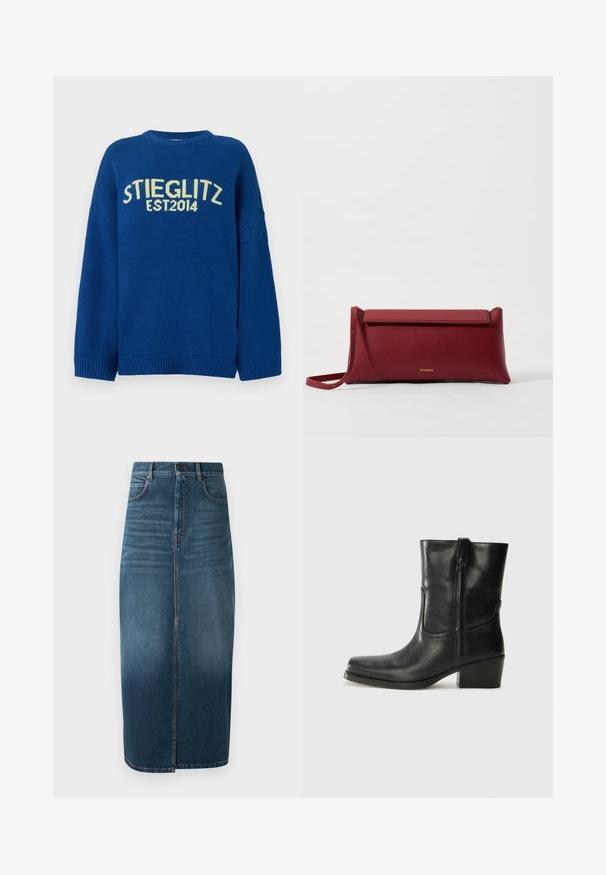 Sininen neulepusero, jossa on pudotetut olkapäät, ribbireunat ja -helmatoiminto. Edessä on kontrastivärinen keltainen teksti "STIEGLITZ EST.2014".; Denim midi-hame tummansinisessä värissä, jossa on etuaukko ja kevyt kulutusjälki. Klassinen viiden taskun muotoilu metallinappisulkimella.; Musta nahkasaapas nilkkamittaisella varrella, pyöreällä kärjellä, lohkarekorolla, sivuvetoketjulla ja ompeluaksentilla varren yläosassa. Suora pinta, klassinen muotoilu.; Punainen nahkainen clutch-muoti, jossa on teksturoitu pinta, litteä taittopäällinen ja lyhyt hihna. Hienovarainen brändilogo edessä.