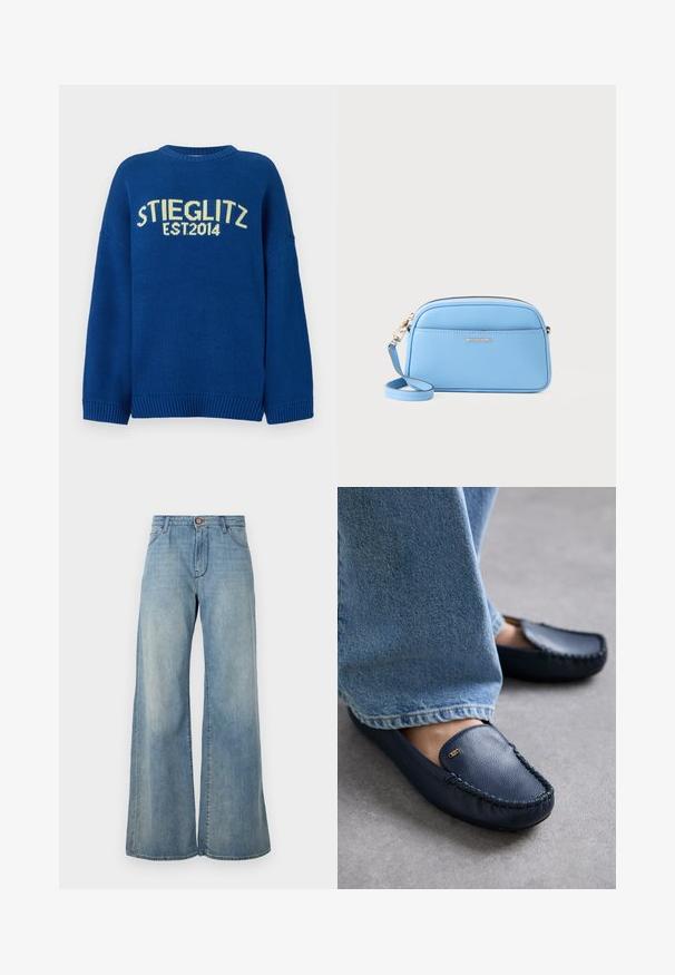 Blå strikkegenser med dropped shoulders, ribbestrikkede mansjetter og hem. Har kontrasterende gul tekst "STIEGLITZ EST.2014" på fronten.; Lyseblå vide jeans laget av denim. Har en frontknapplukking, beltesløyfer og to sidelommer. Renslig, minimalistisk design.; MICHAEL Michael Kors EVE - Mokkasiner - navy; Lys blå skinn crossover-veske med gulltonet detaljer, glidelås lukking og en frontlomme. Har justerbar stropp for ekstra bekvemmelighet.