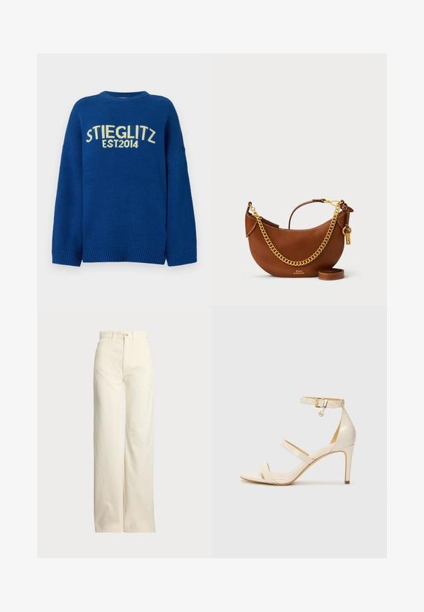 Pulôver azul de malha com ombros caídos, punhos e barra canelados. Apresenta texto amarelo em contraste "STIEGLITZ EST.2014" na parte da frente.; Polo Ralph Lauren COTTON CORDUROY WIDE-LEG PANT - Calças - warm white; Sandálias de salto alto bege com tira fina no tornozelo e duas tiras superiores. Acabamento em patentes brilhantes e detalhe em dourado na tira do tornozelo.; Bolsa de mão de couro castanho com um design curvado, alça de corrente dourada, bolso interior e uma alça de ombro destacável. Apresenta costura em contraste.