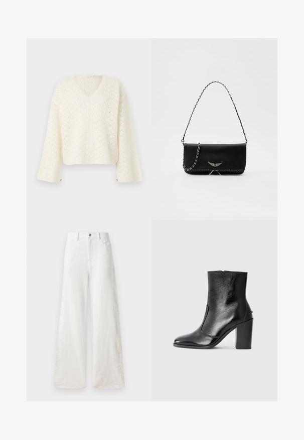 Lace strikket sweater i off-white med V-hals, sænkede skuldre og lange ærmer; har et åbent mønster og en cropped skæring.; Hvide bukser med vidde lavet af denim, der har broderede mønstre på siden og en traditionel femlomme-design. Lynlås-lukning med en knap.; Sorte læder ankelstøvler med en glat overflade, spids tå og en chunky høj hæl. Har en sidelukning og minimalistisk design.; Sort læderhåndtaske med en sølv kædestrop, der har dekorative vingedetaljer og hvid syning langs bunden.