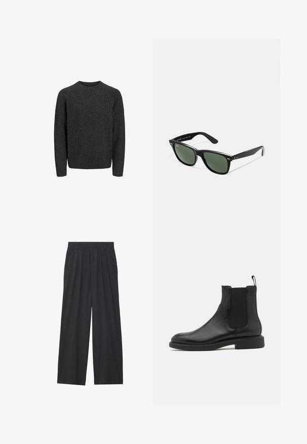 Dunkelgrauer, gerippter Pullover mit langen Ärmeln und rundem Ausschnitt, aus strukturiertem Strickmaterial gefertigt. Einfaches und klassisches Design.; Weit geschnittene Hosen aus dunkelgrauem Stoff. Merkmale sind Falten an der Taille, ein maßgeschneiderter Schnitt und eine gerade Silhouette.; Schwarze Leder-Ankle-Boots mit glatter Textur, elastischen Seitenpaneelen und einer Zuglasche. Runde Zehenpartie und flache Gummisohle mit minimalem Profil.; Schwarze Plastiksonnenbrille mit grünen Gläsern, quadratischen Rahmen, silbernem Akzent auf der Augenbraue und strukturierten Bügeln. Angegebene Marke auf dem inneren Bügel.