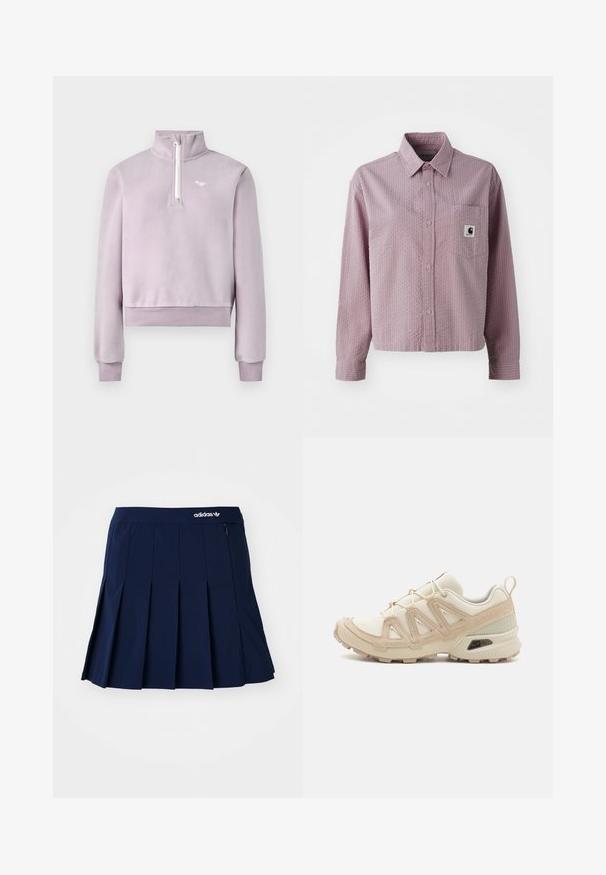 Lavender fleece pullover with half-zip front, high collar, ribbed cuffs and hem, and small white logo on chest, laid flat on white background.; Light pink button-up shirt with a textured pattern, long sleeves, a chest pocket, and a small logo tag on the pocket.; Navy pleated skirt made of lightweight fabric; features an elastic waistband and a small zip pocket, with a white Adidas logo on the front.; Beige and cream athletic shoe with textured mesh upper, supportive overlays, and rubber outsole featuring a tread pattern for traction.