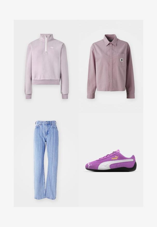 Pulover od lavande s polu-zatvaračem sprijeda, visokim ovratnikom, rebrastim manžetama i donjim rubom te malim belim logotipom na prsima, položen ravno na beloj pozadini.; Svijetlo ružičasta košulja s dugim rukavima, teksturiranim uzorkom, džepom na prsima i malom oznakom s logotipom na džepu.; Svijetloplavi traperice s vertikalnim bijelim prugama, visokog struka, slobodnog kroja, pet džepova i zatvaranjem na gumbe.; Ljubičaste suede tenisice s bijelim akcentima, zlatnim "Puma" logom, teksturiranim dizajnom i crnom gumiranom potplatom. Niski atletski stil.