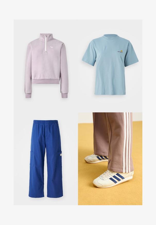 Pullover in pile di lavanda con zip a metà sul davanti, colletto alto, polsini e orlo a coste, e piccolo logo bianco sul petto, disposto su sfondo bianco.; Maglietta a maniche corte in cotone azzurro chiaro con colletto rotondo e piccolo logo Carhartt giallo e rosso sul lato sinistro del petto.; Pantaloni cargo blu reale con vita elastica, caratterizzati da due tasche laterali e un design rilassato a gamba dritta.; Sneakers crema con strisce in suede blu, lacci bianchi e suola in gomma. Abbinati a pantaloni sportivi grigi con strisce laterali bianche.