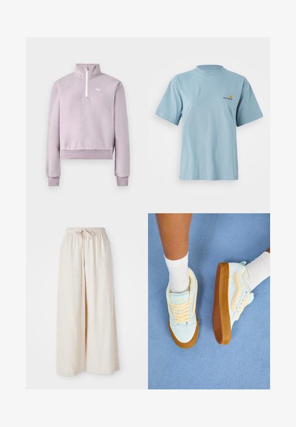 Lilla fleece pullover poolne tõmblukuga, kõrge kaelusega, ribitud sääre- ja servaga ning väikese valge logoga rinnal, asetatud tasasele valgele taustale.; Hele sinine lühikeste varrukatega puuvillane T-särk ümmarguse kaelusega ja vasakul rinnal väike kollane ja punane Carhartti logo.; Laiad, kreemja värviga püksid elastse vöökoha ja paelaga. Sile ja kerge lina kangas, ilma nähtavate mustrite või riistadega.; Heledad sinised jooksujalatsid kreemjate detailidega, millel on paelad, kummitald ja tekstureeritud haare. Kanda valgete sokkidega sinisel pinnal.