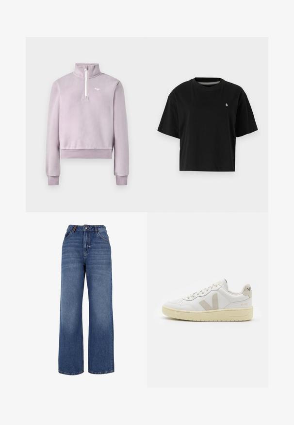 Laventelinvärinen fleece-toppi, jossa on puolivetskari etupuolella, korkea kaulus, ribbattu hihansuu ja helma, sekä pieni valkoinen logo rinnassa, aseteltuna tasaiselle valkoiselle taustalle.; Mustaa lyhythihaista puuvillapaitaa, jossa on pyöreä kaula-aukko ja pieni valkoinen logo vasemmalla rinnalla.; Lauw-leg denim farkut, jotka on valmistettu keskipainoisesta sinisestä puuvillakankaasta. Ominaisuuksiin kuuluu klassinen viiden taskun muotoilu ja vetoketjulla varustettu nappisuljenta.; Valkoiset nahkakengät, joissa on vaaleanruskeat pigmenttisuojat, rei'itetty kärki, litteät nauhat ja teksturoitu kermaisa pohja. Takana on huomaamaton brändäys.