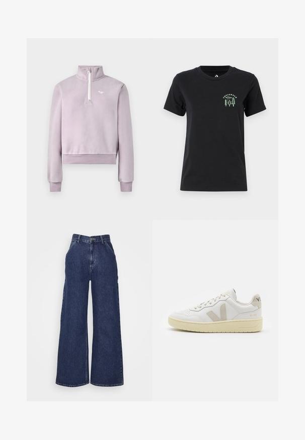 Pull-over en polaire lavande avec demi-fermeture éclair à l'avant, col haut, poignets et ourlet côtelés, et petit logo blanc sur la poitrine, posé à plat sur un fond blanc.; Converse FOREST ART TEE - T-shirt imprimé - black; Jeans en denim à jambes larges de couleur bleu foncé, avec une taille haute, des poches avant et une fermeture éclair avec un bouton en métal. Texture lisse et design classique.; Baskets blanches en cuir avec des accents en daim beige, boîte à orteils perforée, lacets plats et semelle texturée crème. Présente un logo discret au talon.