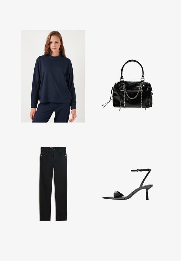 Tengerészkék, túlméretezett pulóver kerek nyakkal, hosszú ujjal és bordás mandzsettával. Puha anyag, sima textúrával. Összeillő szett stílus.; Fekete farmernadrág egyenes szárú fazonnal, öt zsebbel, fémből készült gombzárral és diszkrét varrási részletekkel. Sima textura.; Bershka Magas sarkú szandálok - black; Bershka WITH CHAIN - Kézitáska - black