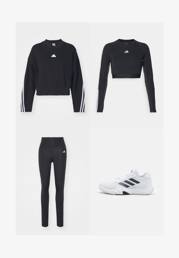 Sweatshirt curto preto feito de uma mistura de algodão, com mangas longas, um decote redondo e riscas brancas nas laterais com um pequeno logótype no peito.; Top de treino cropped de manga longa preto feito de tecido suave. Apresenta um logo branco no peito e detalhes em riscas nas mangas.; Leggings atléticos pretos feitos de tecido elástico, com uma cintura alta e um logo branco da marca no quadril esquerdo.; Tênis atlético branco com parte superior em malha, três listras pretas de cada lado, detalhes texturizados e uma sola de borracha resistente com uma seção preta contrastante.