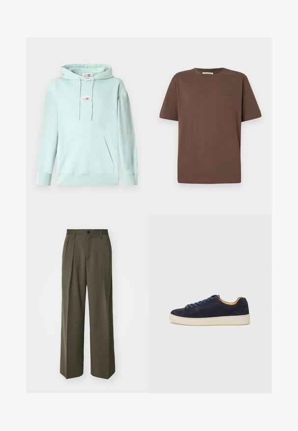 Svijetlo zelena pamučna majica s kapuljačom s kangaroo džepom, kapuljačom sa špagom za vezanje, rebrastim manžetama i kvadratnom oznakom na prsima. Glatka tekstura.; Smeđa pamučna majica s okruglim izrezom, kratkim rukavima i malim logom otisnutim sprijeda. Ravan tekstilni uzorak, ležeran kroj.; Filippa K WIDE TROUSERS - Hlače - driftwood; Mornarsko plava nubuk niska tenisica s okruglim prstom, off-white gumeni đon i usklađene vezice; ima kontrastnu smeđu unutrašnju oblogu.