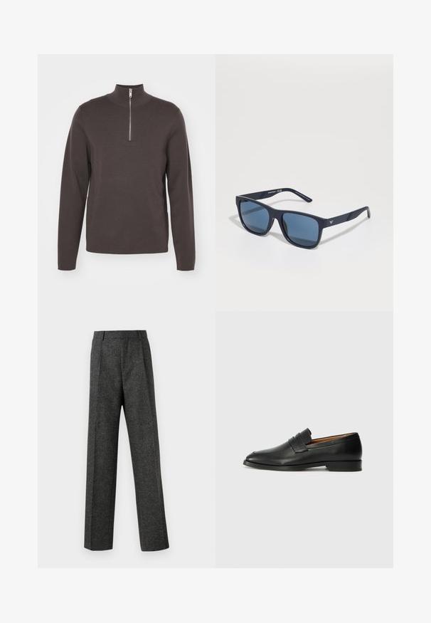 Dunkelgrauer Pullover mit langen Ärmeln, hohem Kragen und halblangem Reißverschluss. Hergestellt aus einem weichen, strukturierten Material. Einfaches, minimalistisches Design.; Graue maßgeschneiderte Hose aus strukturiertem Stoff, mit zwei vorderen Falten und geradem Bein. Keine sichtbaren Taschen oder Verzierungen.; Schwarze Leder-Slipper mit runder Zehenform, dezenten gestickten Details und niedrigem Absatz, ausgestattet mit glatter Textur und minimalistischem Design.; Blaue rechteckige Sonnenbrille mit dunklen Gläsern, mattem navy-blauen Rahmen, Logodetail an den Bügeln, geraden Bügeln und einer soliden, glatten Textur.
