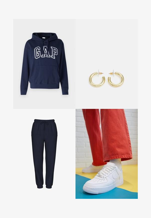 Sötétkék kapucnis pulóver, pamut keverék anyagból készült, elülső zsebbel, bordázott mandzsettákkal és aljjal, rajta nagy fehér "GAP" felirattal.; Sötétkék melegítőnadrág puha anyagból, rugalmas derékkal, húzózsinórral, és szűkített bokákkal.; Fehér bőr edzőcipő perforált orral, texturált talppal és fehér fűzővel, széles vörös nadrággal párosítva, kék és sárga háttérrel.; Arany fülbevalók sima, fényes felülettel. Kör alakú dizájn, amely kis kapoccsal és átlátszó tartozékkal rendelkezik a biztonságos viselés érdekében.