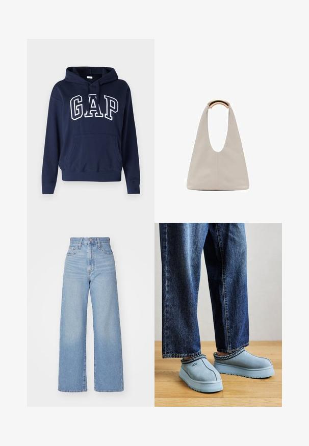 Felpa blu navy realizzata in tessuto misto cotone, con una tasca frontale, polsini e orlo a coste, con la scritta "GAP" stampata in bianco in modo prominente.; Jeans a vita alta blu chiaro con gamba larga, chiusura frontale con bottone e zip, tasche anteriori e posteriori, su uno sfondo bianco.; Scarpe UGG blu in suede, senza lacci, con suole spesse, indossate con jeans blu su un pavimento di legno contro uno sfondo semplice.; Borsa in pelle grigio chiaro con design a forma di U e manico metallico curvo. Texture liscia con cuciture minime e senza motivi visibili.