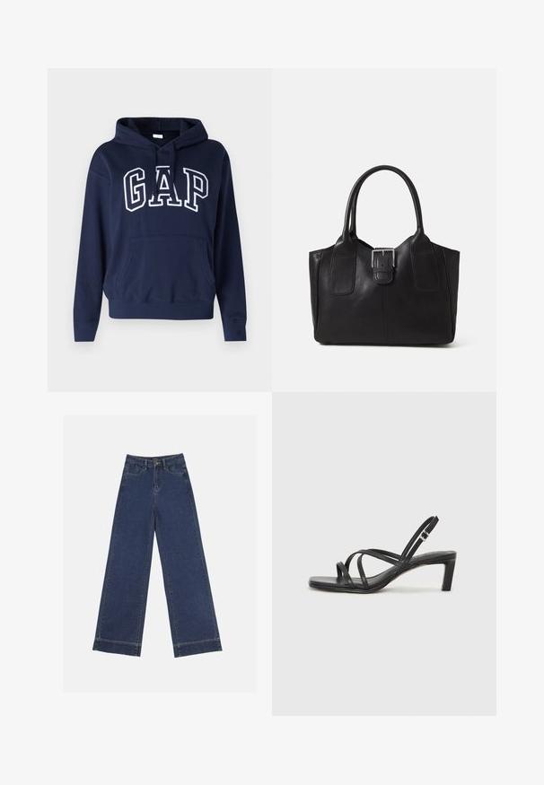 Felpa blu navy realizzata in tessuto misto cotone, con una tasca frontale, polsini e orlo a coste, con la scritta "GAP" stampata in bianco in modo prominente.; Jeans a gamba larga in denim blu scuro. Presentano cinque tasche, passanti per cintura e un orlo grezzo in fondo con dettagli di cucitura visibili.; Sandalo nero con cinturini, dalla punta squadrata e tacco basso a blocco. Presenta diversi cinturini sottili e una cinturini regolabile alla caviglia. Realizzato in pelle liscia.; Borsa tote in pelle nera con texture liscia, forma strutturata, due manici e un evidente dettaglio in fibbia argentata sul davanti.; Anello doppio in argento con superficie liscia e lucida. Presenta un design fluido e curvo con sezioni sovrapposte per un aspetto moderno.