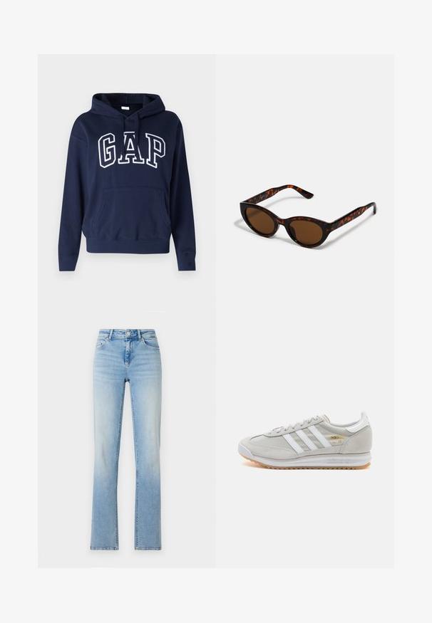 Navyfarbener Hoodie aus einem Baumwollmischgewebe, verfügt über eine Fronttasche, gerippte Bündchen und Saum, mit dem auffällig in Weiß gedruckten "GAP".; Hellblaue Denim-Jeans mit hoher Taille, geradem Bein und dezentem Verblassen. Verfügt über fünf Taschen und Gürtelschlaufen.; Hellgraue Sneaker aus Wildleder und Mesh, mit drei weißen Streifen, runder Zehenpartie und einer Sohle aus Gummi. Goldenes Logo-Detail nahe der Schnürsenkel.; Braune Schildpatt-Sonnenbrille mit einer Vintage-Cat-Eye-Form und braunen Gläsern. Verfügt über gebogene Bügel mit roten Akzenten.; Goldene Creolen mit einer glatten, glänzenden Oberfläche. Zirkuläres Design mit einem kleinen Stecker und einer klaren Rückseite für einen sicheren Sitz.
