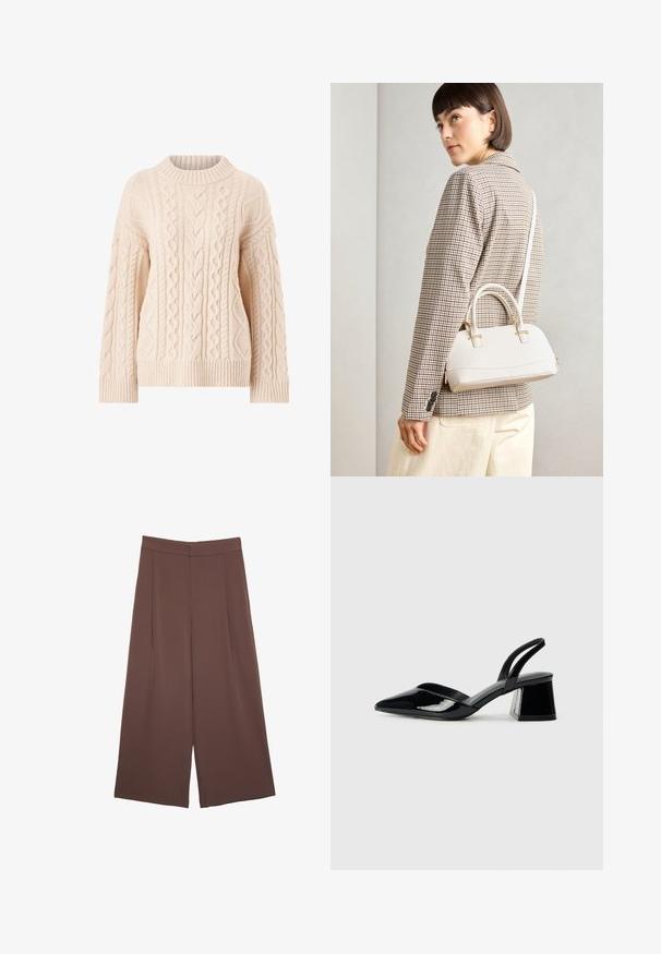 Maglione a maglia di un beige chiaro con un design a trecce testurizzate, colletto a coste, polsini e orlo. Presenta una vestibilità ampia e maniche lunghe.; Pantaloni ampi marroni con una texture liscia, caratterizzati da una vita alta e pieghe frontali. Il tessuto è leggero e scorre liberamente.; Décolleté in vernice nera con punta affusolata e tacco in geometria cubica. Presentano un design elegante e minimalista, con una texture liscia.; Borsa a mano bianca strutturata con manici corti e tracolla, dotata di dettagli in metallo dorato e materiale testurizzato, esposta su uno sfondo grigio.