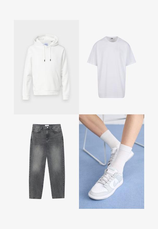 Sudadera blanca hecha de algodón suave, con un bolsillo frontal, cordones ajustables y puños acanalados. Diseño simple y sólido con un ajuste relajado.; Camiseta blanca de algodón con mangas cortas, cuello redondo, corte relajado y sin logotipos ni patrones visibles. Textura suave y diseño minimalista.; Jeans de cintura alta y corte holgado en denim negro desgastado. Con cinco bolsillos, pasadores para el cinturón y un diseño de pierna recta y limpia.; Zapatillas blancas con acentos azul claro, parte superior de cuero, puntera perforada, cordones gruesos y calcetines blancos de canalé sobre un fondo azul.