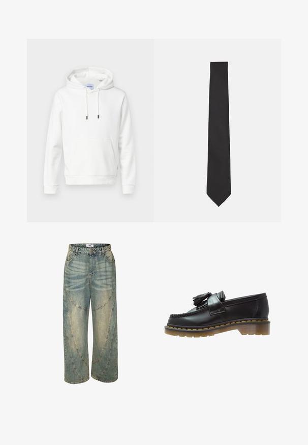 Weißer Hoodie aus weichem Baumwollmaterial, mit einer Fronttasche, verstellbaren Kordeln und gerippten Bündchen. Einfaches, einfarbiges Design mit lockerer Passform.; Helle blaue weite Jeans mit hoher Taille, die über abgerundete Nahtdetails und gesäumte Beine verfügt. Hergestellt aus Denim mit verwaschenen Stellen.; Schwarze Lederloafer mit strukturiertem Finish, ausgestattet mit einer dekorativen Quaste und kontrastierenden gelben Nähten, auf einer klobigen, transparenten Sohle.; Schwarze Fliege aus glattem Stoff, mit einer schlanken, verlängerten Form und einer spitzen Spitze, ohne sichtbare Muster oder Akzente.