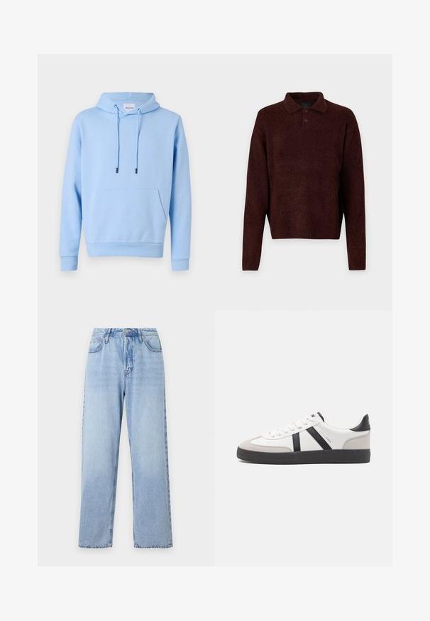 Svetle modrá mikina s kapucí vyrobená z měkkého materiálu, která má přední klokanní kapsu, nastavitelné šňůrky a žebrované manžety a lem.; Hnědý pletený pullover s polo límcem, třemi knoflíky na krku a dlouhými rukávy. Měkká textura, žebrované manžety a lem.; Světle modré džíny z denimu se rovný fit, vysokým pasem, pěti kapsami a uzávěrem na horní knoflík. Mají vybledlý vzhled a kontrastní prošívání.; Bílé tenisky s černými a šedými akcenty, opatřené texturovaným šedým prstovým krytem, černou gumovou podrážkou a plochými bílými tkaničkami. Čistý design, minimalistický styl.