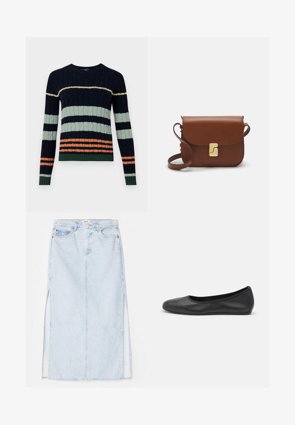 Pull en maille avec des rayures navy, vert menthe et corail, orné d'un motif en câble et de bords côtelés au niveau des poignets et de l'ourlet. Design à col rond.; Jupe maxi en denim bleu clair avec une coupe droite, dotée de fentes sur les côtés et d'un design à cinq poches. Couture bien visible et fermeture à bouton métallique.; Ballerines en cuir noir avec un bout rond, texture lisse, détails de couture minimalistes et design de semelle flexible.; Sac à main en cuir marron avec une fermeture à rabat, des accents en métal doré, une bandoulière et une texture lisse. Forme rectangulaire compacte.