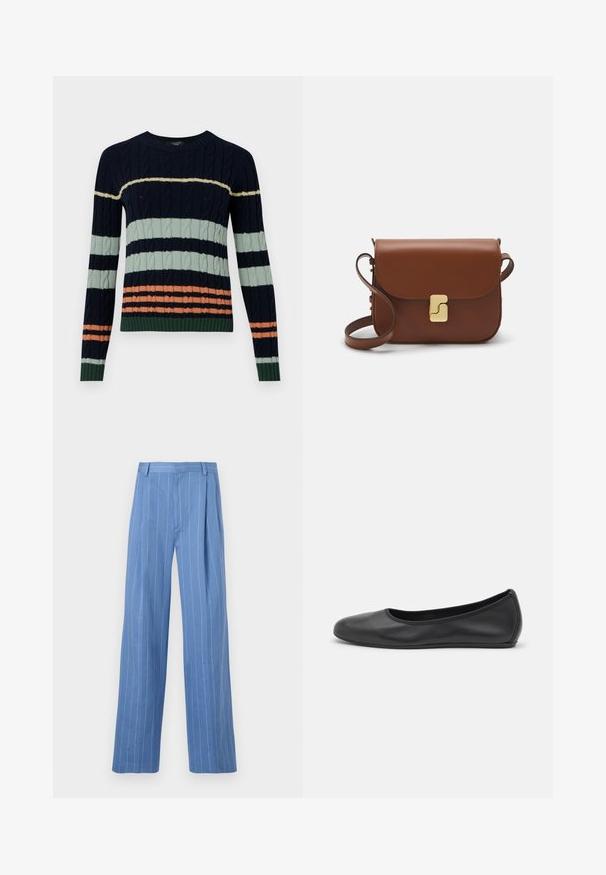Gebreide trui met marineblauwe, mintgroene en koraalkleurige strepen, een kabelpatroon en ribbelmanchetten en -zoom. Ronde halsontwerp.; Witte korte mouwen t-shirt van ribstof. Ronde halslijn, normale pasvorm en subtiele stiksels. Geen patronen of grafische elementen.; Lichtblauwe wijde broek met verticale witte strepen. Gemaakt van een gladde stof, met een voorplooien en een strakke tailleband.; Zwarte leren ballerina met een ronde neus, gladde textuur, minimale stikdetails en een flexibele zoolontwerp.; Bruine leren handtas met een klep sluiting, gouden hardware, een schouderband en een gladde textuur. Compact rechthoekige vorm.