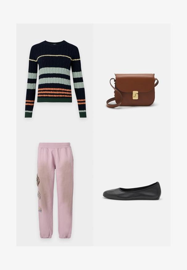 Strickpullover mit marineblauen, mintgrünen und korallenfarbenen Streifen, einem Kabelmuster und gerippten Bündchen und Saum. Rundhalsausschnitt-Design.; Weißes kurzärmliges T-Shirt aus geripptem Stoff. Runder Halsausschnitt, normale Passform und dezente Nähte. Keine Muster oder Grafiken.; Rosa Sweatpants mit elastischem Bund, verziert mit dekorativen Patches in Diamantform auf der linken Seite und elastischen Bündchen an den Knöcheln.; Schwarze Leder-Ballettschuhe mit abgerundeter Spitze, glatter Textur, minimalen Nähdetails und einem flexiblen Sohlen-Design.; Braune Ledertasche mit Klappenverschluss, Beschlägen in Goldfarbe, einem Schultergurt und einer glatten Oberfläche. Kompakte rechteckige Form.
