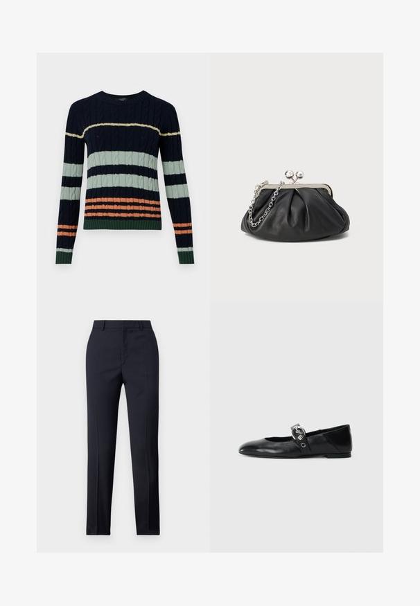 Kötött pulóver sötétkék, menta zöld és korall csíkokkal, csavart mintával, bordázott gallérral és aljjal. Kerek nyakú kialakítás.; Tengerészkék, egyenes szabású, szabott nadrág sima textúrával, két elülső zsebbel és letisztult derékkal.; Fekete bőr balettcipők, hegyes orral, kör alakú fémbújtatóval ellátott pánttal és lapos talppal.; Fekete bőr táska ráncolt textúrával, ezüst színű fémszerkezettel, csattal záródó fedéllel és láncos pánttal. Simító, puha felület.