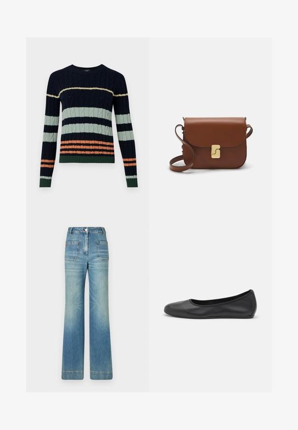 Pulover tricotat cu dungi de navy, verde mentă și corai, având un model cu cabluri și mansete și tiv ondulat. Design cu gât rotund.; Jeans din denim albastru deschis, cu talie evazată, cinci buzunare, bucle pentru curea, închidere cu nasture și o textură ușor decolorată, având un detaliu cu logo roșu pe spate.; Balerini din piele neagră, cu vârf rotund, textură netedă, detalii de cusătură minimale și un design al tălpii flexibil.; Geantă de piele maro cu închidere tip capac, accesorii de culoare aurie, curea de umăr și o textură netedă. Formă compactă și rectangulară.