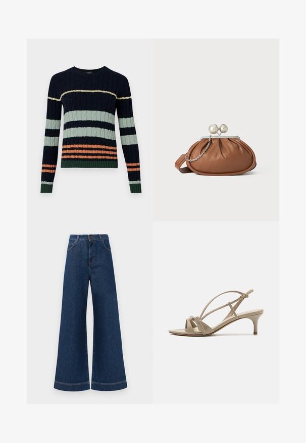 Kötött pulóver sötétkék, menta zöld és korall csíkokkal, csavart mintával, bordázott gallérral és aljjal. Kerek nyakú kialakítás.; Magas derekú, széles lábú kék farmernadrág, gombos záródással, övhurkokkal és diszkrét varrási részletekkel a zsebeknél és a szegélyeknél.; Beige lakkbőr magassarkú szandál, keresztezett pántokkal, nyitott orral és vékony, közepes magasságú sarokkal, világosbarna talppal.; Barna bőrből készült clutch táska ezüst gömb záróval és kis ezüst lánc díszítéssel, fehér háttéren.