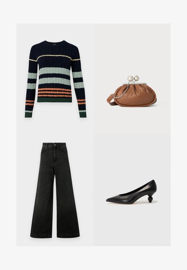 Pull en maille avec des rayures navy, vert menthe et corail, orné d'un motif en câble et de bords côtelés au niveau des poignets et de l'ourlet. Design à col rond.; Jean taille haute à jambe large en denim noir foncé. Comprend une fermeture à boutons, des poches avant et une texture lisse avec une décoloration minimale.; Chaussure à talon haut en cuir noir avec un bout pointu et un talon arrondi. Texture lisse avec un design épuré et minimal.; Pochette en cuir marron avec un fermoir à boule en argent et un petit détail en chaîne argentée sur fond blanc.