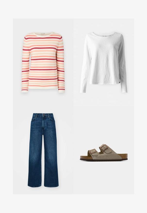 Pulover cu mâneci lungi, cu dungi, realizat dintr-un material moale, cu linii orizontale în nuanțe de piersică, roz și roșu, având un guler rotund și o textură ribbed.; Tricou alb cu mânecă lungă dintr-un material moale și ușor; are un guler rotund și o croială ușor relaxată; eticheta este vizibilă pe lateral.; Jeans cu talie înaltă și picioare largi, din denim albastru închis, cu o textură netedă, cusături în contrast și design cu cinci buzunare. Închidere frontală cu nasture.; Sandale din suede, de culoare gri deschis, cu două catarame ajustabile, o talpă intermediară din plută și o talpă exterioară din cauciuc texturat.