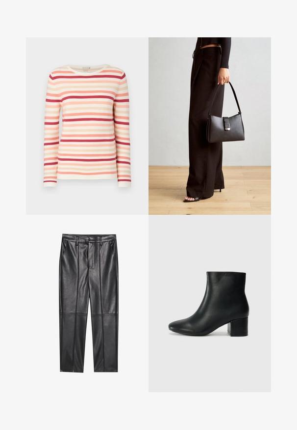 Langärmliger gestreifter Pullover aus weichem Stoff, mit horizontalen Linien in Pfirsich-, Rosa- und Rottönen, einem Rundhalsausschnitt und geripptem Material.; Schwarze Lederhosen mit glatter Textur, gerader Passform, zwei Fronttaschen und sichtbaren Nahtdetails.; Schwarze Leder-Ankle-Boots mit spitzem Zehenbereich und klobigem Absatz. Glatte Textur mit minimalen Akzenten und einem eleganten, taillierten Design.; Schwarze Handtasche mit strukturierter Form, glatter Textur und einem metallischen Verschluss. Kombiniert mit weiten schwarzen Hosen und offenen Sandalen auf einem Holzboden.