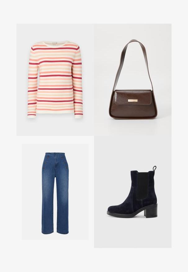 Langsleeve gestreepte trui van zachte stof, horizontale lijnen in tinten perzik, roze en rood, met een ronde hals en geribbelde textuur.; Hoge taille denim jeans in medium blauw. Bevat knopen aan de voorkant en een wijde pijpontwerp. De stof heeft een gladde textuur met een lichte vervaging.; Marineblauwe suède enkellaars met elastische zijpaneel, ronde neus en blokhak. Gemêleerd weefsel en een gladde zool voegen contrast toe.; Bruine leren schoudertas met een gestructureerde vorm, voorzien van een magnetische klepsluiting en een metallic logoaccent aan de voorkant.