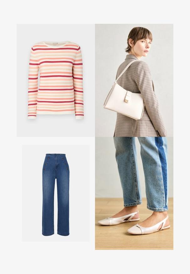 Pikkade varrukatega triibuline kampsun, millel on pehme kangas, horisontaalselt asetatud jooned virsiku, roosa ja punase tooni vahel, ümar kaelus ning soonikkoes tekstuur.; Keskmise sinise värviga kõrge vöökohaga teksad. Omavad esipoolsete nööbiefekte ja laia jala disaini. Kanga tekstuur on sile ja kerge kulumisega.; Kahvatu roosa slingback lapikute jalatsite paar, millel on terav varvas, valmistatud siledast nahataolisest materjalist. Omab külgedel lõikekohti ja lapikut kontsa.; Valge nahast käekott struktureeritud disainiga, millel on magnetlukk ja õlavarre rihm, esitletud neutraalse tausta ees.