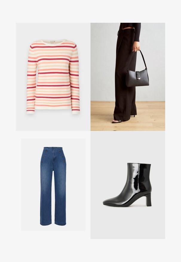 Hosszú ujjú csíkos pulóver, amely puha anyagból készült, barack, rózsaszín és piros árnyalatú vízszintes csíkokkal rendelkezik, kerek nyakkivágással és bordázott textúrával.; Közepesen kék, magas derekú farmernadrág. Elöl gombos részletek és széles szárú kialakítás jellemzi. Az anyaga sima tapintású, enyhén megfakult.; Fekete lakk bőrcipő bokáig érő, hegyes orral és közepes magasságú tömbsarokkal. Simább textúrával és minimalista dizájnnal rendelkezik.; Fekete kézi táska strukturált formával, sima textúrával és fémből készült záródással. Széles fekete nadrággal és nyitott orrú szandállal párosítva, fából készült padlón.