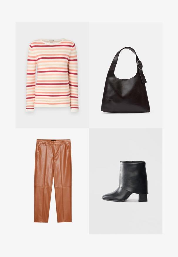 Langärmliger gestreifter Pullover aus weichem Stoff, mit horizontalen Linien in Pfirsich-, Rosa- und Rottönen, einem Rundhalsausschnitt und geripptem Material.; Braune Kunstlederhosen mit tailliertem Schnitt, versehen mit vorderen Falten und geraden Beinen. Glatte Textur ohne sichtbare Hardware oder Akzente.; Schwarze Lederstiefelette mit spitzer Zehenform, glatter Oberfläche und strukturiertem Blockabsatz. Mit einem hohen, gefalteten Schaftdesign.; Braune Lederumhängetasche mit glatter Textur, runder Form, breitem Tragegurt und metallischem, kreisförmigem Akzent am Griff.