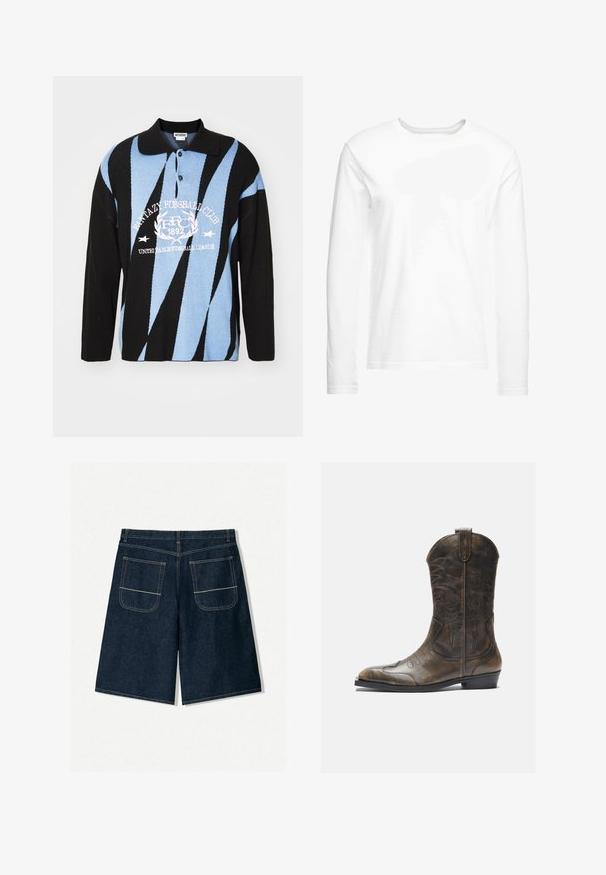 Čierny, modrý a biely pletený polo s geometrickými vzormi. Obsahuje golier, zapínanie na gombíky a grafický text na hrudi. Dlhé rukávy.; Biela tričko s dlhým rukávom vyrobené z mäkkej bavlny. Okrúhly výstrih s rovnými lemami a bez viditeľných vzorov alebo grafiky.; Tmavomodré riflové šortky s voľným strihom, ktoré majú dva zadné vrecká s kontrastným šitím. Rovný strih a dĺžka po kolená.; Hnedá kožená kovbojská topánka s vysokým ťahom, špicatou špičkou, zložitými vyšívacími vzormi a malým opätkom. Textúrovaný povrch po celom obvode.
