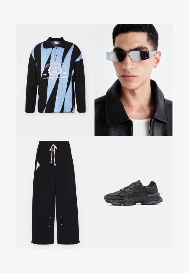 Czarny, niebieski i biały sweter polo z geometrycznymi wzorami. Posiada kołnierzyk, listwę guzikową i graficzny nadruk na piersi. Długie rękawy.; Czarne spodnie w szerokim kroju wykonane z miękkiej tkaniny, z elastycznym pasem na sznurek, bocznymi kieszeniami oraz trójkątną kieszonką akcentującą. Zawierają elementy ze srebrnego metalowego wykończenia.; Czarne buty biegowe z mieszanką siateczki i materiałów syntetycznych, masywną podeszwą, opływowym kształtem oraz wyraźnym brandingiem z boku.; Kątowe, szare okulary przeciwsłoneczne z metalowymi elementami w kolorze srebrnym, na jasnym tle. Soczewki mają unikalny, geometryczny kształt.