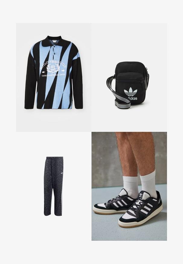 Czarny, niebieski i biały sweter polo z geometrycznymi wzorami. Posiada kołnierzyk, listwę guzikową i graficzny nadruk na piersi. Długie rękawy.; Czarne spodnie sportowe w leopardzi wzór z białym, trójpasmowym wzorem oraz logo marki sportowej z boku.; Czarno-białe sneakersy z zamszową i skórzaną cholewką, z trzema białymi paskami, perforowanym czubkiem i gumową podeszwą w kolorze gumy.; Czarna torba crossbody wykonana z materiału, z zamknięciem na zamek błyskawiczny, z białym logo Adidas oraz regulowanym paskiem w paski, co ułatwia noszenie.