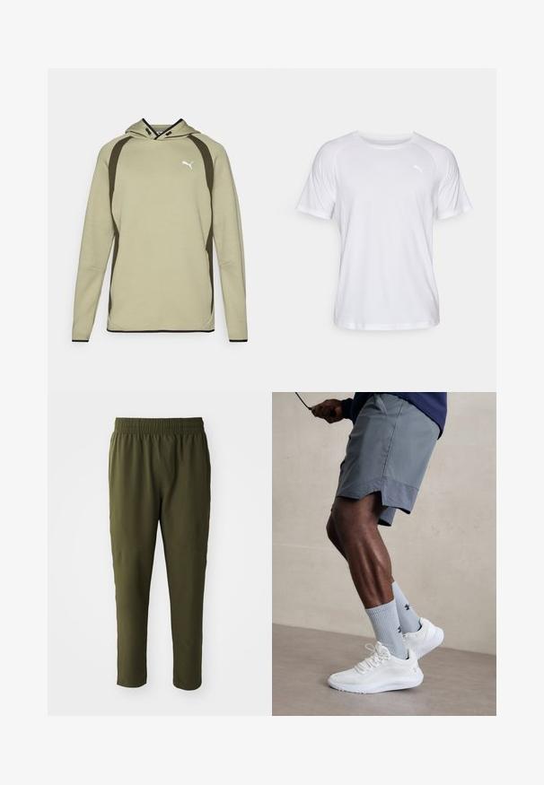 Light green hoodie with a kangaroo pocket, black accents along the sides and hem, and a white logo on the chest. Soft, textured material.; White short-sleeve athletic shirt with a smooth texture. Features a round neckline and a small logo in a light shade on the left chest.; Olive green pants made from a smooth, lightweight material. Features an elastic waistband and tapered legs with stitched detailing.; White athletic shoes with textured mesh upper, paired with light blue ribbed socks featuring a logo. Grey athletic shorts with perforated trim.