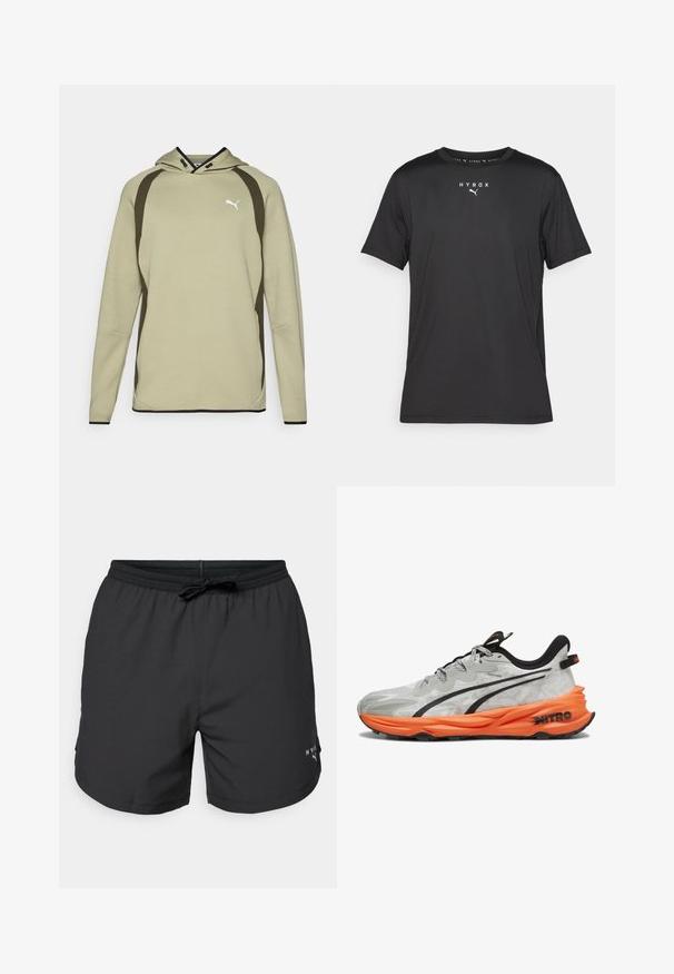 Sweat à capuche vert clair avec une poche kangourou, accents noirs sur les côtés et l'ourlet, et un logo blanc sur la poitrine. Matériau doux et texturé.; T-shirt de sport noir à manches courtes en tissu léger. Il présente un col rond et un logo « HYROX » imprimé avec un emblème Puma sur le devant.; Shorts de bain noirs avec une taille élastique et un cordon de serrage. Tissu léger avec des poches latérales. Présente un petit logo sur l'ourlet.; Baskets de course grises et blanches avec une tige texturée, des accents noirs et une semelle en mousse orange. Présente un marquage distinct sur le talon.