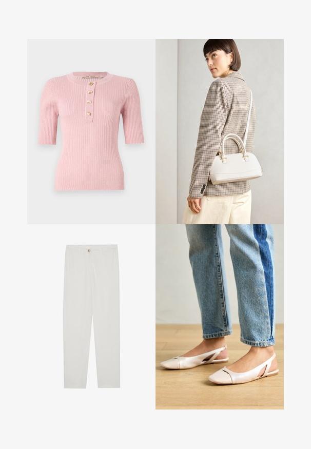 Rosa randig stickad kortärmad topp med rund halsringning och fem gyllene bladformade knappar längs framsidan. Åtsittande silhuett.; Vita, skräddarsydda byxor med rak benform, med knappstängning, bältesslingor och sidofickor; mjuk tygtextur.; Ljust rosa slingback-lägenheter med spetsig tå, tillverkade av ett slätt läderliknande material. Har utskurna detaljer på sidorna och en platt häl.; Vitt strukturerat handväska med korta handtag och en axelrem, med gyllene detaljer och texturerat material, visad mot en grå bakgrund.