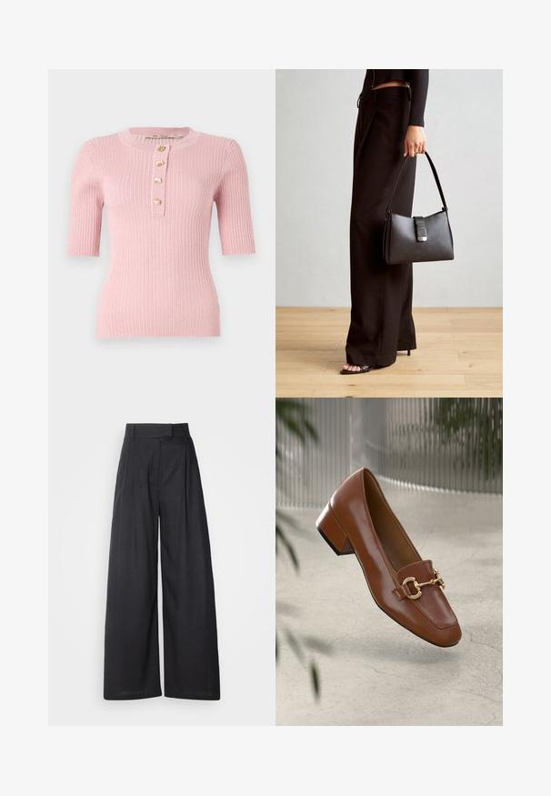Rosa geripptes Strickoberteil mit kurzen Ärmeln, rundem Halsausschnitt und fünf goldenen, blattförmigen Knöpfen an der Vorderseite. Figurbetonte Silhouette.; Dunkle, weit geschnittene Hosen mit strukturiertem Bund und Falten. Aus leichtem Stoff gefertigt, mit glatter Textur und ohne sichtbare Muster.; Braune Lackleder-Loafer mit quadratischer Zehenpartie, metallischem Kettenakzent und niedrigem Blockabsatz; glatte Textur, minimalistisches Design.; Schwarze Handtasche mit strukturierter Form, glatter Textur und einem metallischen Verschluss. Kombiniert mit weiten schwarzen Hosen und offenen Sandalen auf einem Holzboden.
