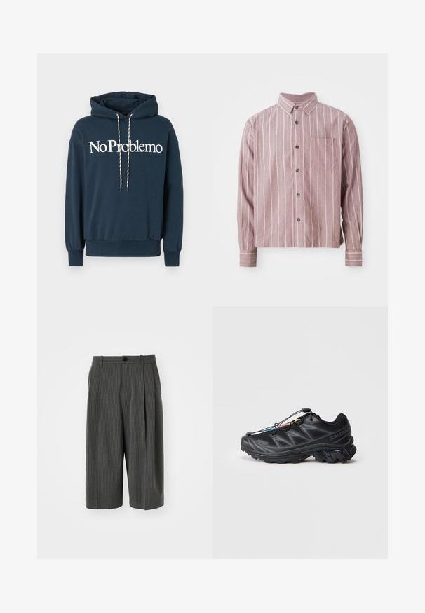 Mørkeblå hettegenser med teksten "No Problemo" i hvitt, utstyrt med snøring i svart og hvitt mønster og ribbestrikkede ermer.; Rød og hvit stripete skjorte med knapper, med krage, lange ermer og en frontlomme. Laget av et teksturert stoff med en myk finish.; Gråstripede vide shorts med knaplukning og plisseret forside. Fremstillet af et struktureret stof, med en skræddersyet design.; Svart idrettssko med teksturert mesh-overdel, forsterket tå og hurtiglissesystem. Har en robust såle og lett hælheving.