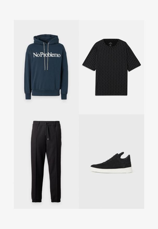 Navy blue hooded sweatshirt with "No Problemo" text in white, featuring a drawstring with black and white patterns and ribbed cuffs.; Black T-shirt featuring a textured pattern of alternating 'A' logos, short sleeves, and a crew neckline. Made from lightweight fabric.; Black trousers with a waistband, drawstring, and elastic cuffs. Features pleats and a smooth, textured fabric.; Black suede sneaker with a white rubber sole, featuring tonal stitching and lace-up design. Smooth texture with a modern, streamlined shape.